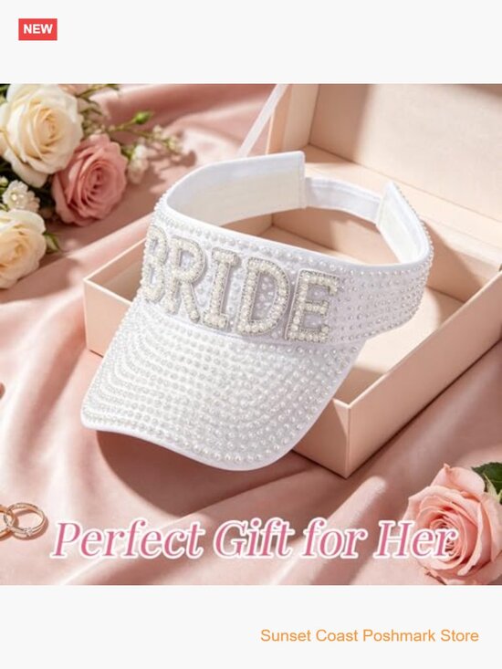 Pearl Embellished Shiny White Visor Hat for Bachelorette Party